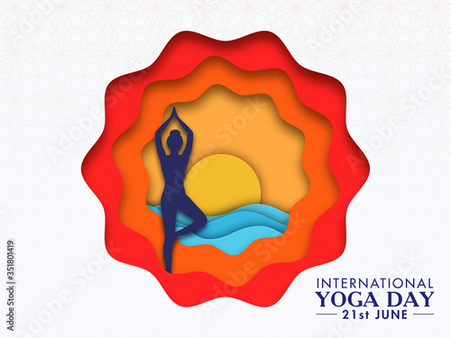 Colorful Paper Cut Abstract Background with Silhouette Woman Doing Vrikshasana (Tree) Pose At Sunset or Sunrise for International Yoga Day.