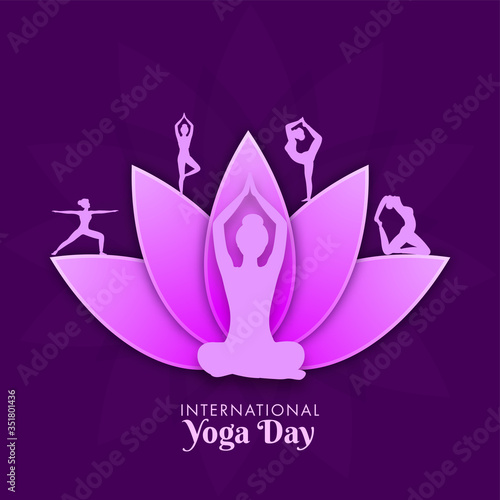 Paper Cut Lotus Flower with Silhouette Women Practicing Yoga in Different Pose on Purple Background for International Yoga Day.