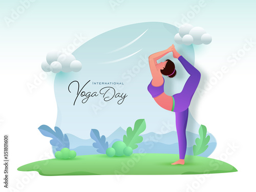 Cartoon Young Girl Practicing Natarajasana Yoga with Glossy Clouds and Leaves on Abstract Background for International Yoga Day.