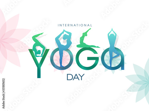 International Yoga Day Text with Paper Cut Illustration of Women Doing Yoga Asanas on Flower White Background.