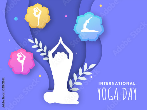 Purple Paper Cut Abstract Background with Silhouette Female Doing Yoga in Different Poses for International Yoga Day.