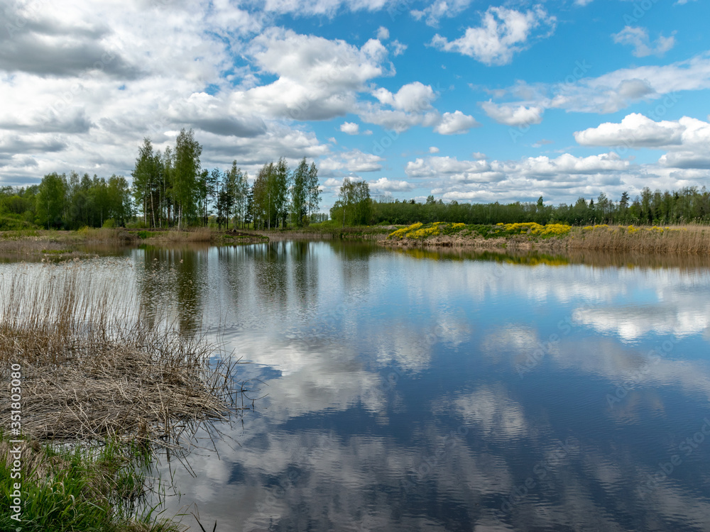Obraz premium calm scene of beautiful sky with cumulus clouds reflection on the lake
