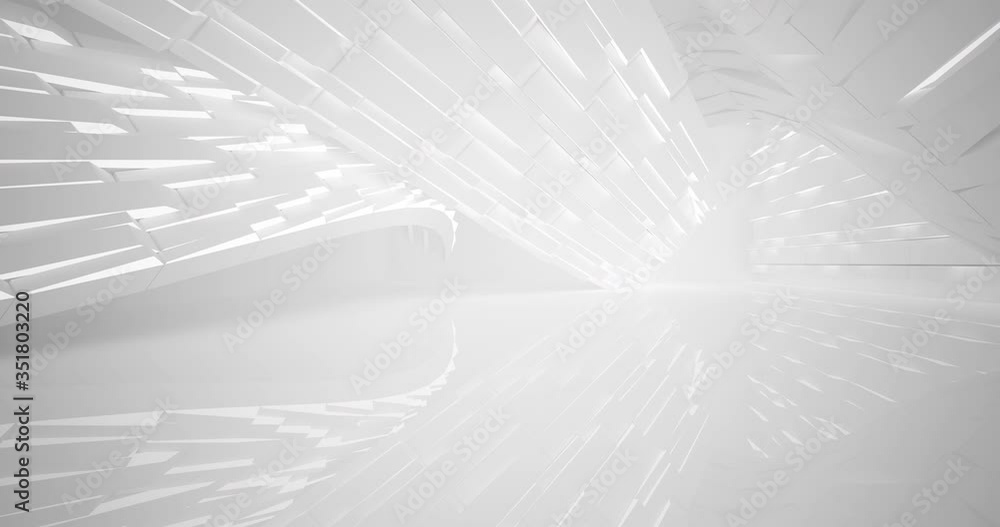 Abstract architectural background. Flying on a white minimalistic interior. Futuristic modern space. Bright neon lighting. 3D animation and rendering. Abstract architectural background. Flying on a white minimalistic interior. Futuristic modern space. Bright neon lighting. 3D animation and rendering.