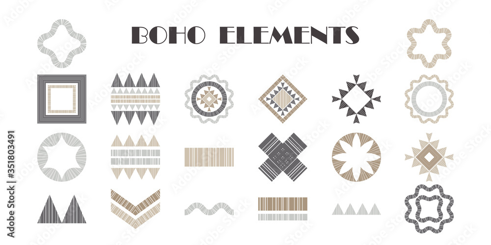 A set of BOHO elements. Geometry. Design with manual hatching. Ethnic boho ornament. Tribal motif. Vector illustration for web design or print. A set of BOHO elements. Geometry. Design with manual hatching. Ethnic boho ornament. Tribal motif. Vector illustration for web design or print.