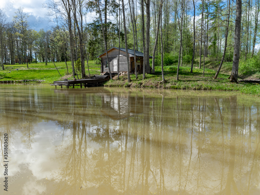 Obraz premium spring landscape with tree silhouettes, green grass and a small pond, reflections of clouds and trees in the water