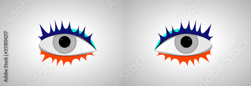 Eyes with eyelashes in colorful paints on a light background.