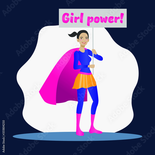 Girl holding a poster template in Superwoman costume. Girl power. Empower Women.