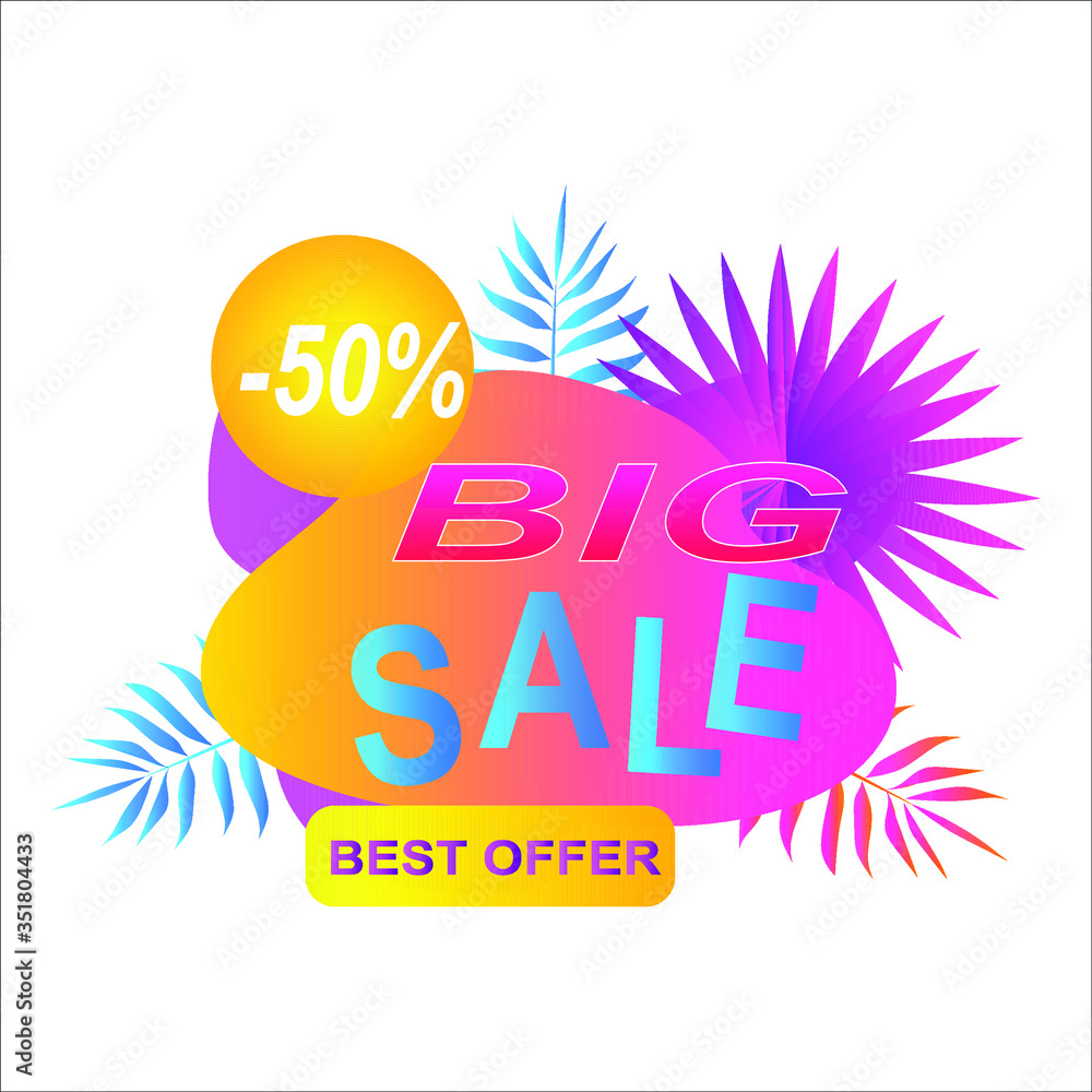 Summer sale banner, poster with discount for hot season banner with tropical leaves. Invitation for shopping with 50 percent price off, special offer card,template for design Summer sale banner, poster with discount for hot season banner with tropical leaves. Invitation for shopping with 50 percent price off, special offer card,template for design