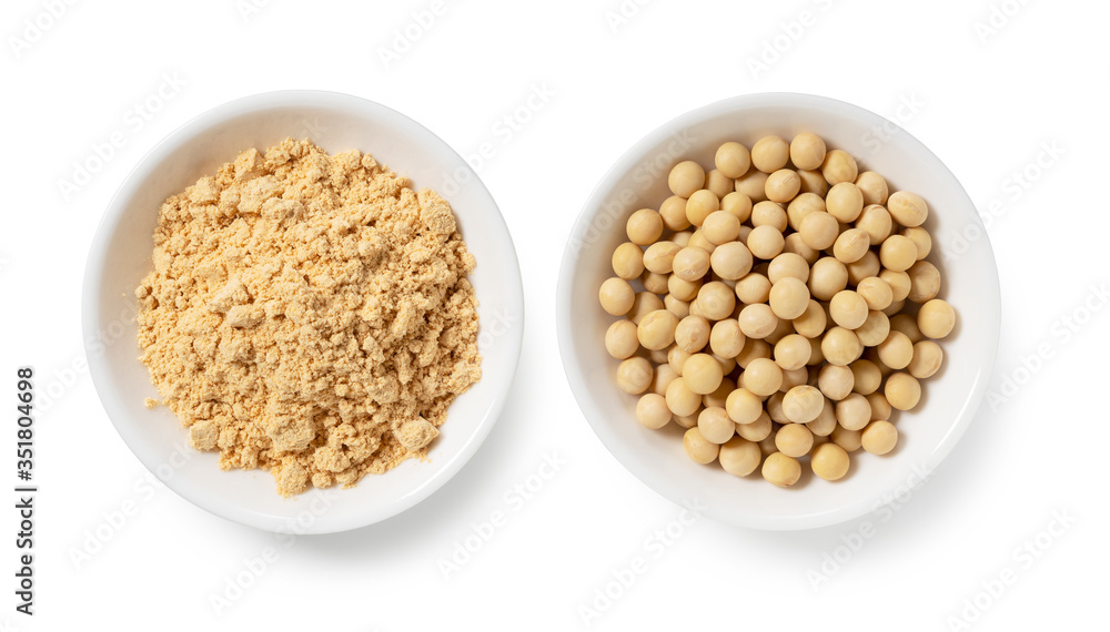Japanese Kinako and soybeans on a white background Japanese Kinako and soybeans on a white background