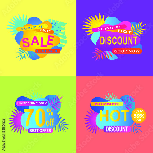 Set summer sale banner, poster with discount for hot season banner with tropical leaves. Invitation for shopping with 50 percent price off, special offer card,template for design.