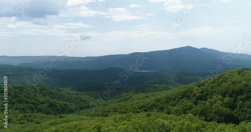 Flying past trees looking over mountains dense woodland