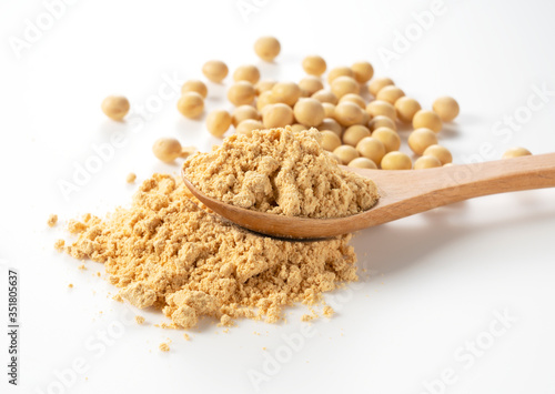 Japanese Kinako and soybeans in a spoon on a white background photo