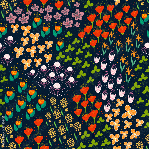 Garden full of flowers and leaves. High density, interesting endless pattern. Meadow on clothes or wrapping paper, wallpaper. Seamless vector illustration. Fabric, wrapper swatch. Doodle hand drawing.
