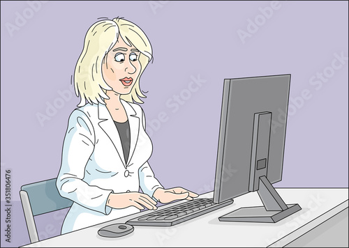 Successful young businesswoman in white business suit, in an office, at a desk, working at a desktop computer, vector cartoon illustration