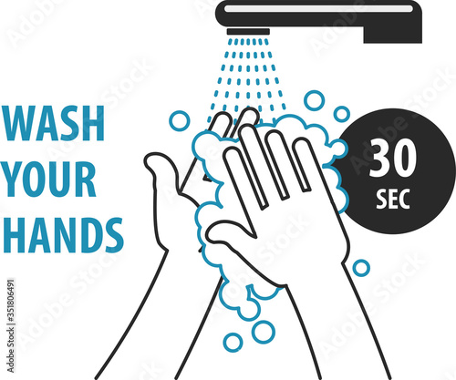 Lettering Wash your hands. Hand wash with soap bubbles under water for the prevention of viruses, coronavirus. Flat infographics. Vector illustration of black color on a white background.