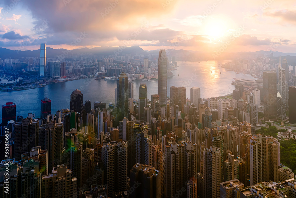 sunlight view skyline cityscape at hongkong
