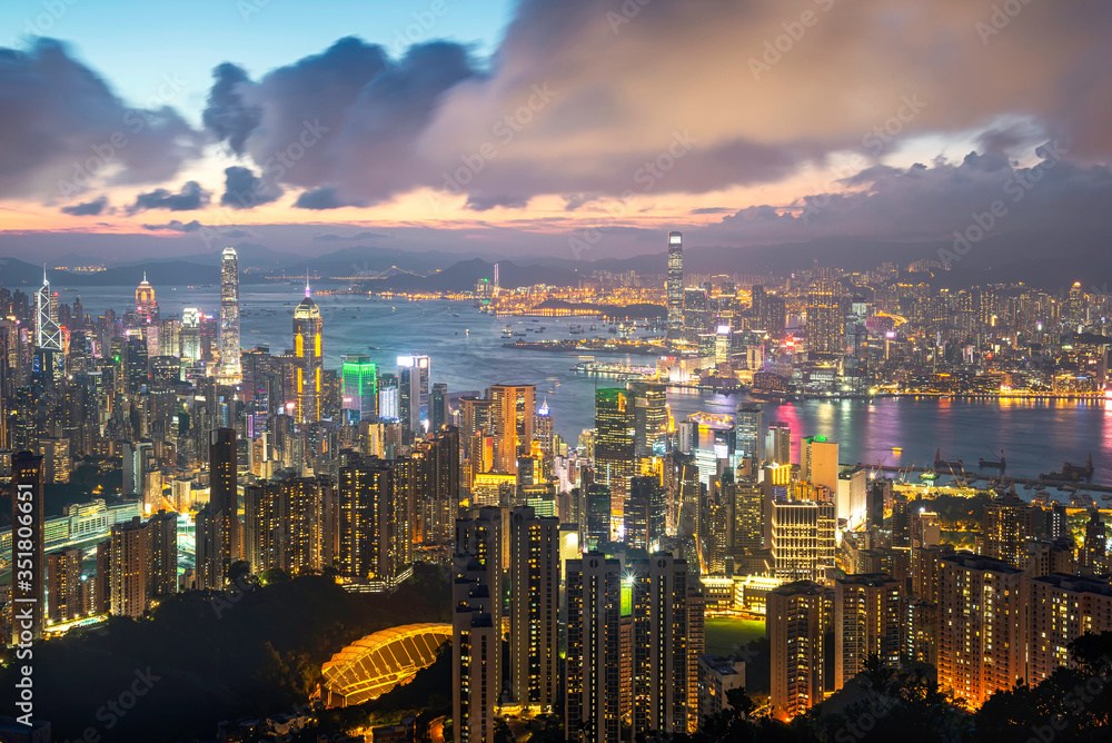 Twilight skyline view Hong kong city and Kowloon