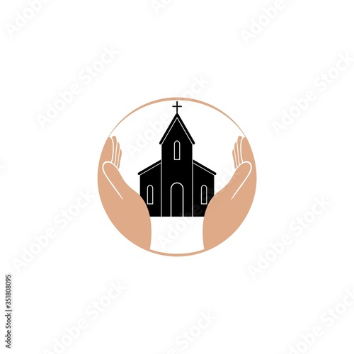 Church logo. Church and hands, christian symbol isolated on white background