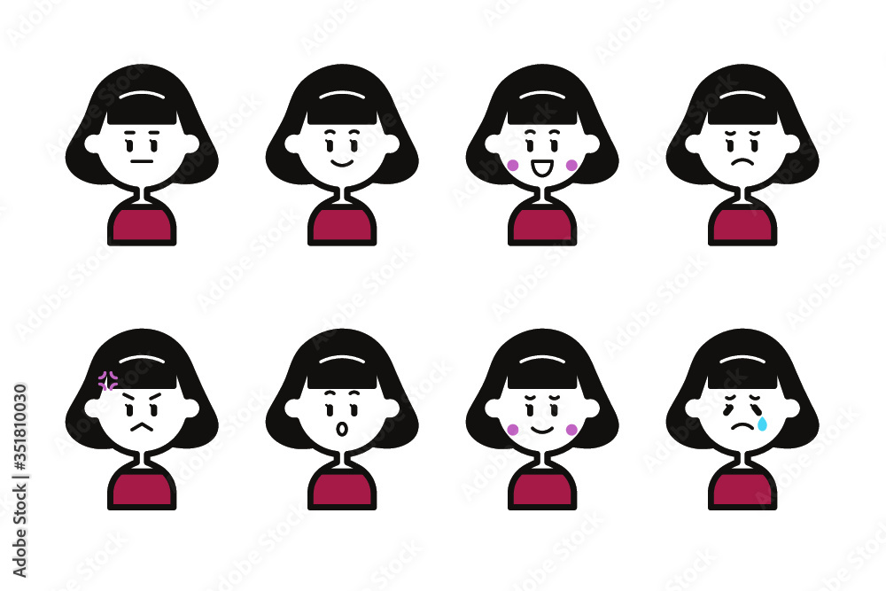 女の子の表情アイコンセット（赤）