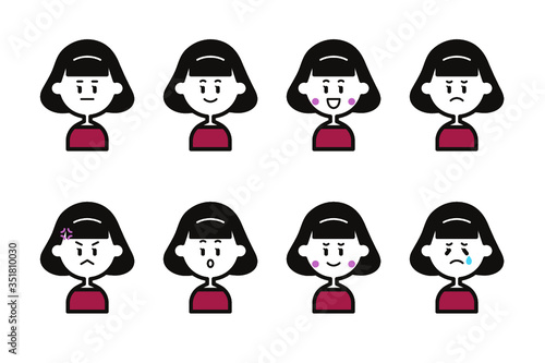 女の子の表情アイコンセット（赤）