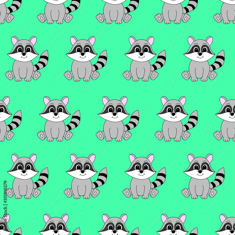 Fototapeta premium Cartoon cute raccoon. Vector illustration for children. Seamless pattern.