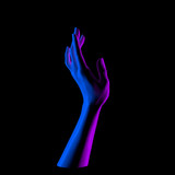 Elegant female hand gesture in neon duotone light on black, abstract mannequin hand 3d rendering.
