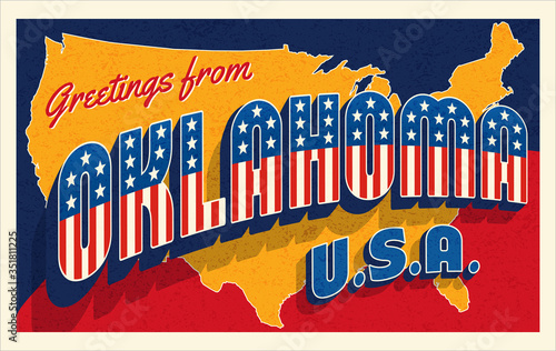 Greetings from Oklahoma USA. Retro postcard with patriotic stars and stripes lettering and United States map in the background. Vector illustration.