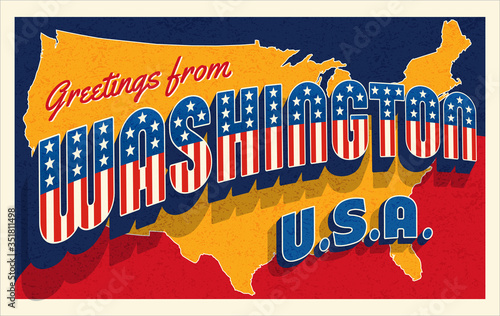 Greetings from Washington USA. Retro postcard with patriotic stars and stripes lettering and United States map in the background. Vector illustration.