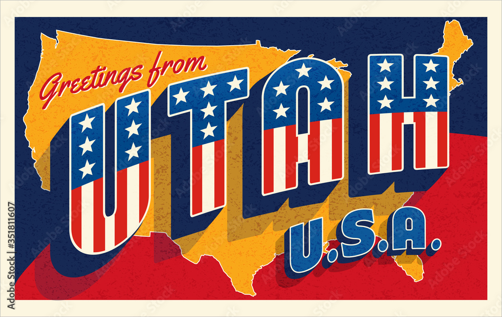 Naklejka premium Greetings from Utah USA. Retro postcard with patriotic stars and stripes lettering and United States map in the background. Vector illustration.