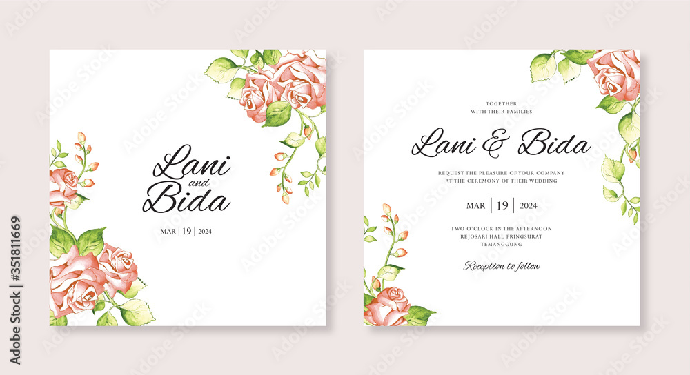 Wedding invitation card template with flower hand painting watercolor