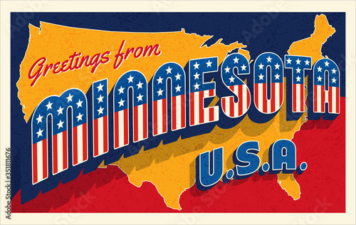 Greetings from Minnesota USA. Retro postcard with patriotic stars and stripes lettering and United States map in the background. Vector illustration.