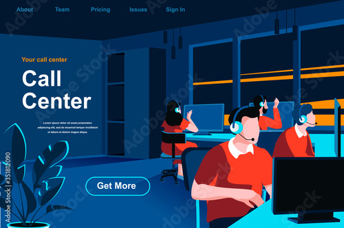 Call center isometric landing page. Hotline operators with headsets in office website template. Online customer support, telemarketing, consultation and assistance perspective flat vector illustration