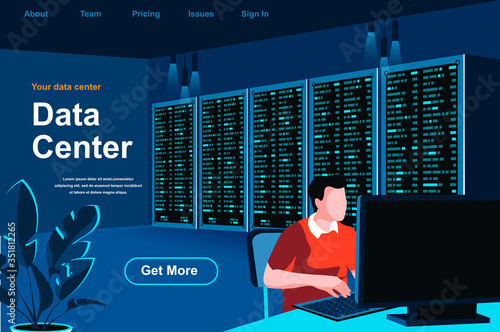 Data center isometric landing page. Technician working in server room at data center website template. Hosting platform management, data storage and administration perspective flat vector illustration