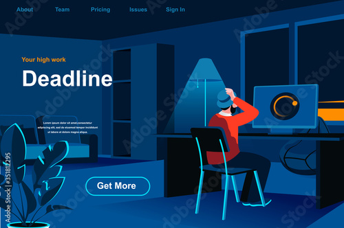 Work deadline isometric landing page. Tired man at workplace in office website template. Effective task management and productivity, stressful work and overworking perspective flat vector illustration