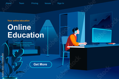 Online education isometric landing page. Man studying with computer at workplace website template. Distance learning, online webinar, courses and skill development perspective flat vector illustration