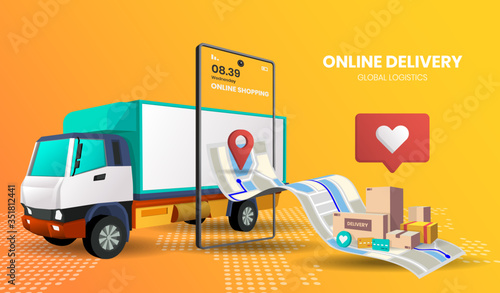 online shopping with truck Vector for banner