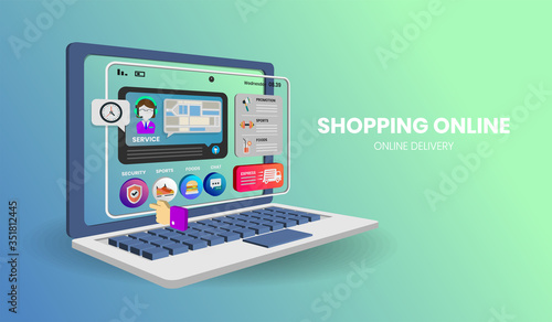 online shopping with computer Vector for banner