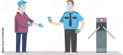 Checking body temperature before entering a public place for the control and prevention of coronovirus. Flat infographics. Vector illustration.