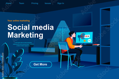 Social media marketing isometric landing page. Internet analyst working with computer in office website template. Marketing research, SMM and SEO technologies perspective flat vector illustration.