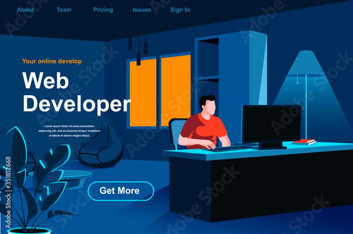 Web development isometric landing page. Web designer working with computer in office website template. UI UX responsive design, website prototyping and programming perspective flat vector illustration
