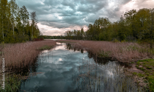 spring landscape with beautiful sky, clouds and tree reflections in the water