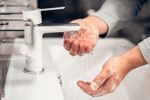 Coronavirus. Proper washing and handling of hands. Liquid antibacterial soap. Self-isolation and hygiene.