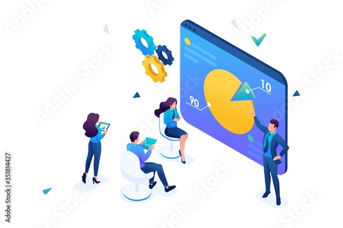Entrepreneur coach teaches employees of the company. Business training. 3D isometric. Concept for web design