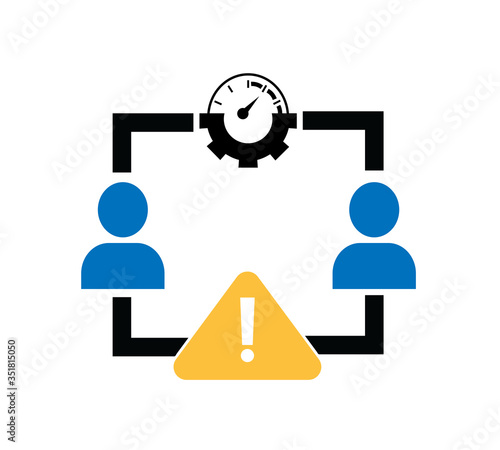 Two persons gear and risk sign in a circle making network symbolizing the concept of risk analysis