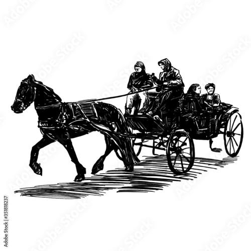 Drawing of horse and buggy on street