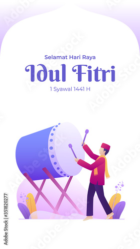 Eid mubarak of happy men playing bedug or drum for celebrating eid al fitr for potrait banner illustration