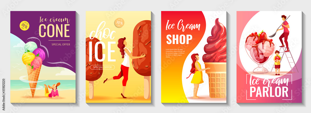 Set of flyers with various ice cream and tiny people. Ice cream parlor or shop, Sweet products, Dessert concept. A4 vector illustrations for poster, banner, advertisement, commercial, menu, flyer. 