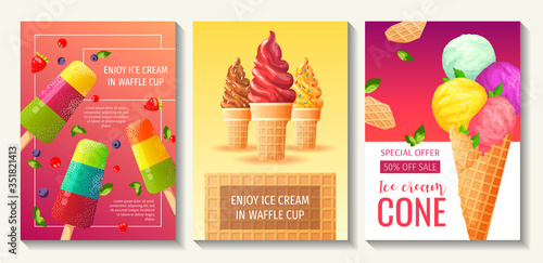 Set of flyers with various ice cream. Ice cream parlor or shop, Sweet products, Dessert concept. A4 vector illustrations for poster, banner, advertisement, commercial, menu, flyer, cover. 