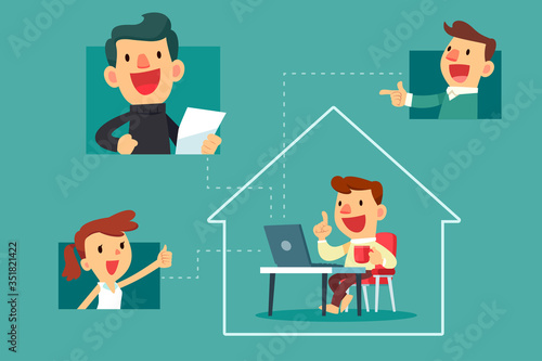 happy man working at home video calling with his colleague