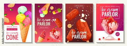 Set of flyers with various ice cream. Ice cream parlor or shop, Sweet products, Dessert concept. A4 vector illustrations for poster, banner, advertisement, commercial, menu, flyer. 